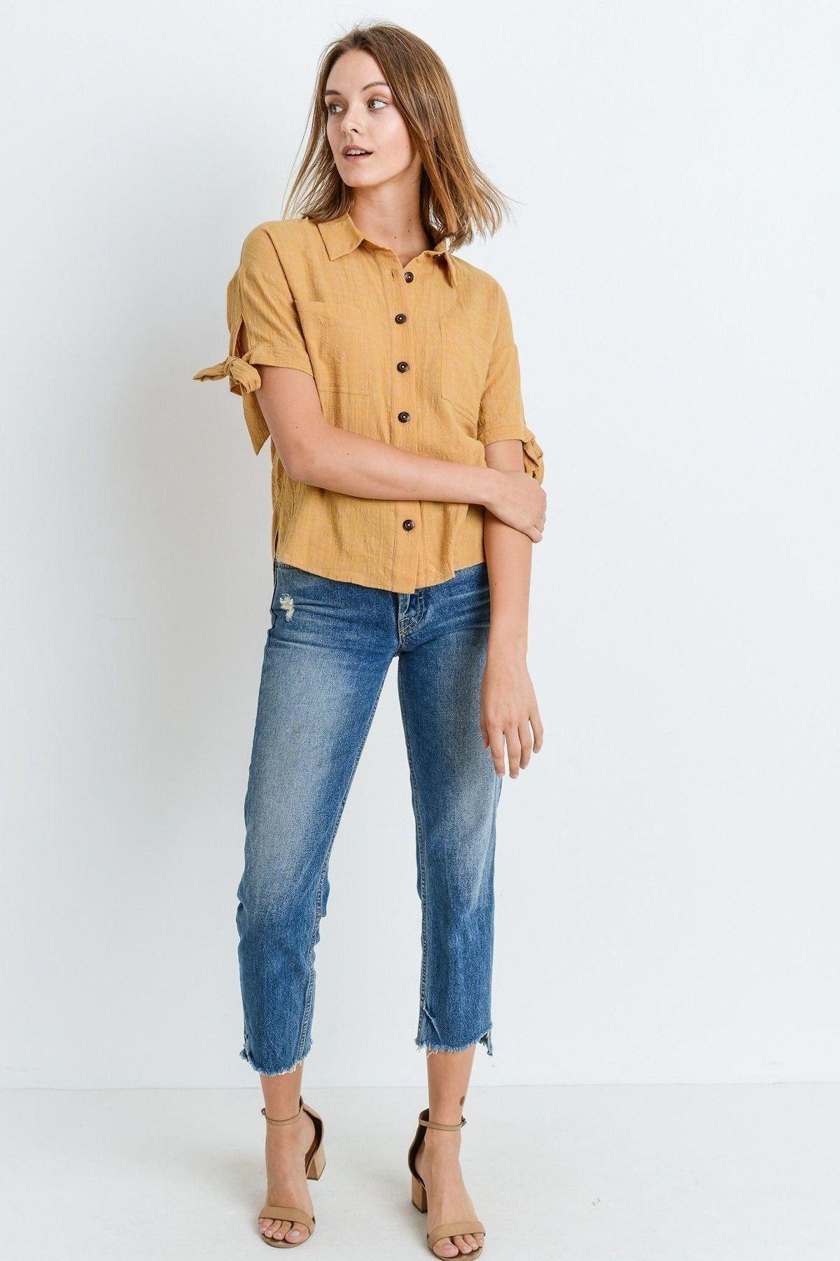 Short Sleeve Button Up Top With Tie Sleeve | Mixtshop LLC