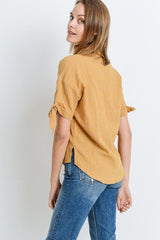 Short Sleeve Button Up Top With Tie Sleeve | Mixtshop LLC