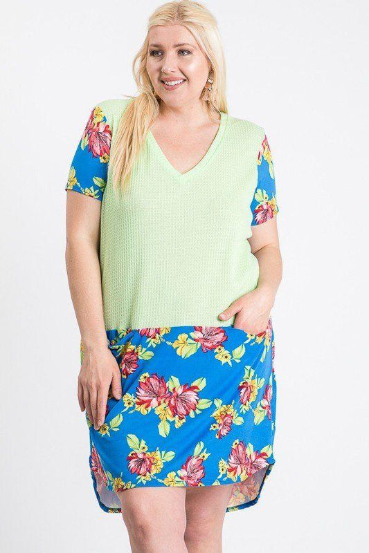 Short Sleeve Floral Blocked Midi Dress With Front Pocket | Mixtshop LLC
