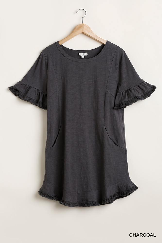 Short Ruffle Frayed Hem And Round Neck Dress With Pockets | Mixtshop LLC