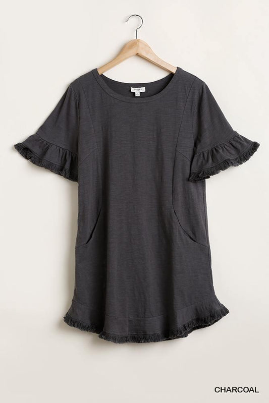 Short Ruffle Frayed Hem And Round Neck Dress With Pockets | Mixtshop LLC