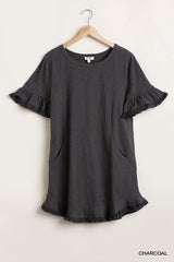 Short Ruffle Frayed Hem And Round Neck Dress With Pockets | Mixtshop LLC