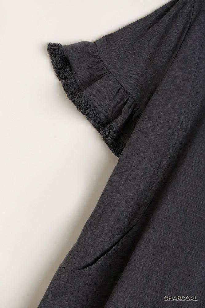 Short Ruffle Frayed Hem And Round Neck Dress With Pockets | Mixtshop LLC