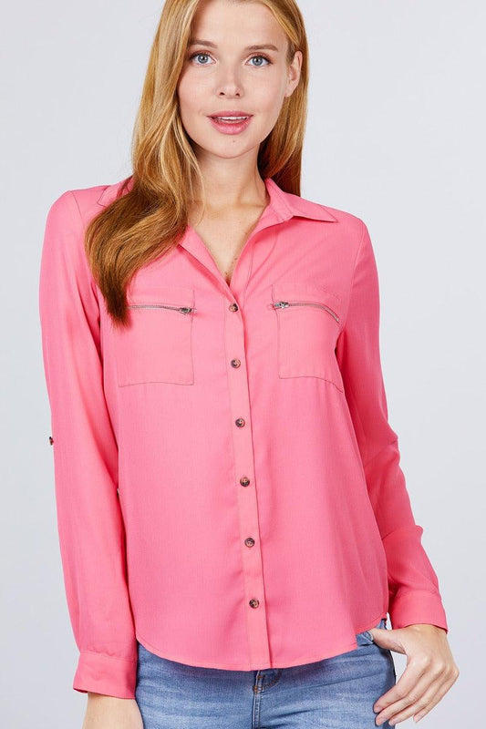 3/4 Roll Up Sleeve Pocket W/zipper Detail Woven Blouse | Mixtshop LLC