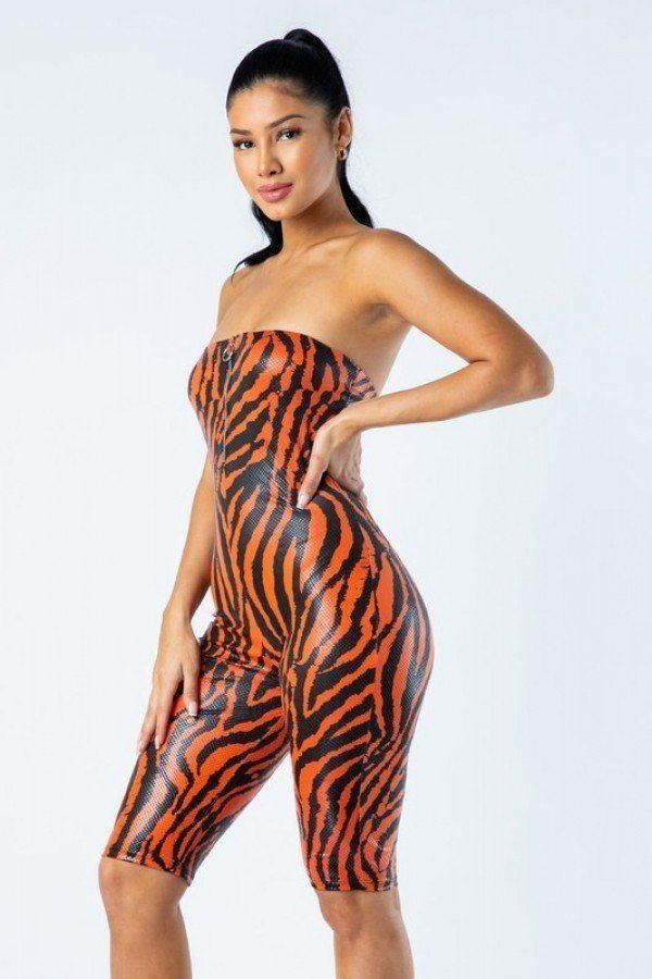 Zebra Print Tube Romper With Front O Ring Zipper Detail | Mixtshop LLC