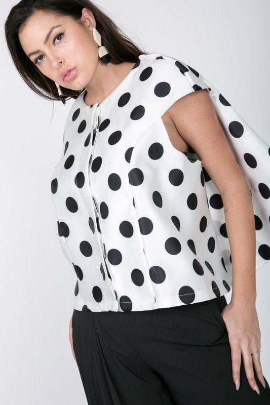 Cascade Ruffle Detail Polka Dot Print Top | Mixtshop LLC
