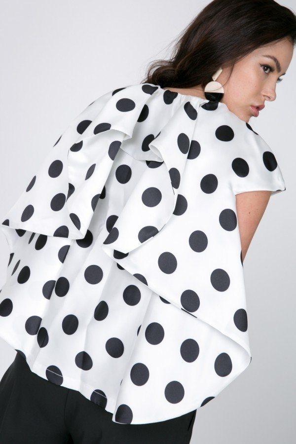 Cascade Ruffle Detail Polka Dot Print Top | Mixtshop LLC