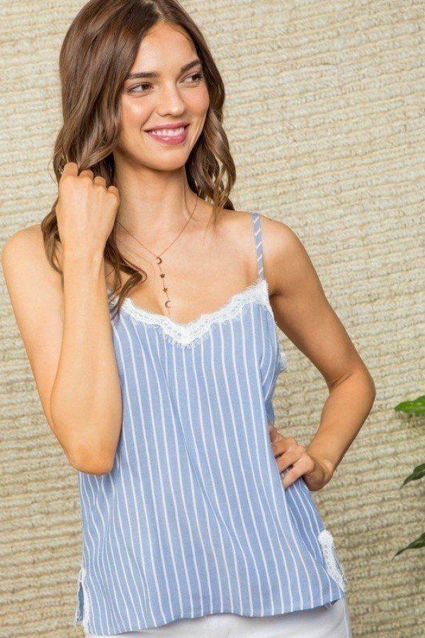 Stripe Print Side Slit Adjustable Self Spaghetti Lace Cami | Mixtshop LLC