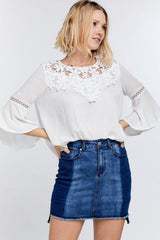 Cute Floral Mesh Lace Accent Yoke Crochet Detailed Tie-back Bell Sleeve Blouse Top | Mixtshop LLC