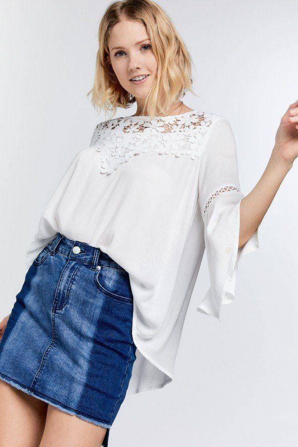 Cute Floral Mesh Lace Accent Yoke Crochet Detailed Tie-back Bell Sleeve Blouse Top | Mixtshop LLC