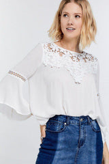 Cute Floral Mesh Lace Accent Yoke Crochet Detailed Tie-back Bell Sleeve Blouse Top | Mixtshop LLC