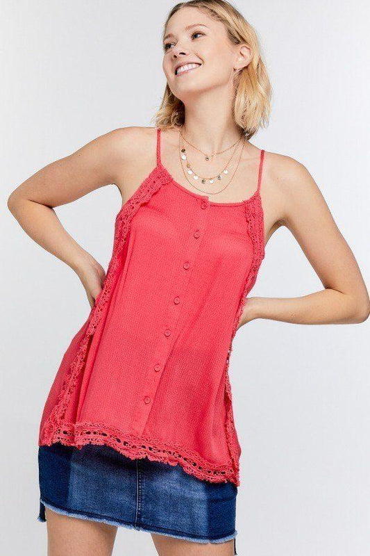 Boho Scallop Lace Trim Detailed Button Down Solid Subtle Textured Slit Side Overlay Layered Cami Top | Mixtshop LLC
