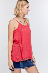 Boho Scallop Lace Trim Detailed Button Down Solid Subtle Textured Slit Side Overlay Layered Cami Top | Mixtshop LLC