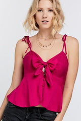 Cutout Detail Ruched Twist Bow Sweetheart Neckline Smocked Back Ribbon Tie Spaghetti Strap Cami Top | Mixtshop LLC