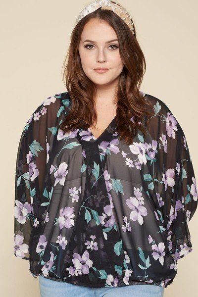 Plus Size Floral Chiffon Sheer Surplice Top | Mixtshop LLC