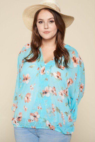 Plus Size Floral Chiffon Sheer Surplice Top | Mixtshop LLC