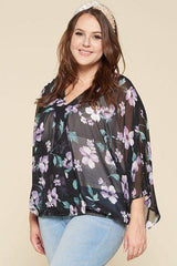 Plus Size Floral Chiffon Sheer Surplice Top | Mixtshop LLC