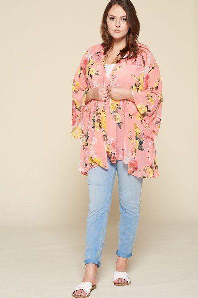 Plus Size Floral Printed Oversize Flowy And Airy Kimono With Dramatic Bell Sleeves | Mixtshop LLC