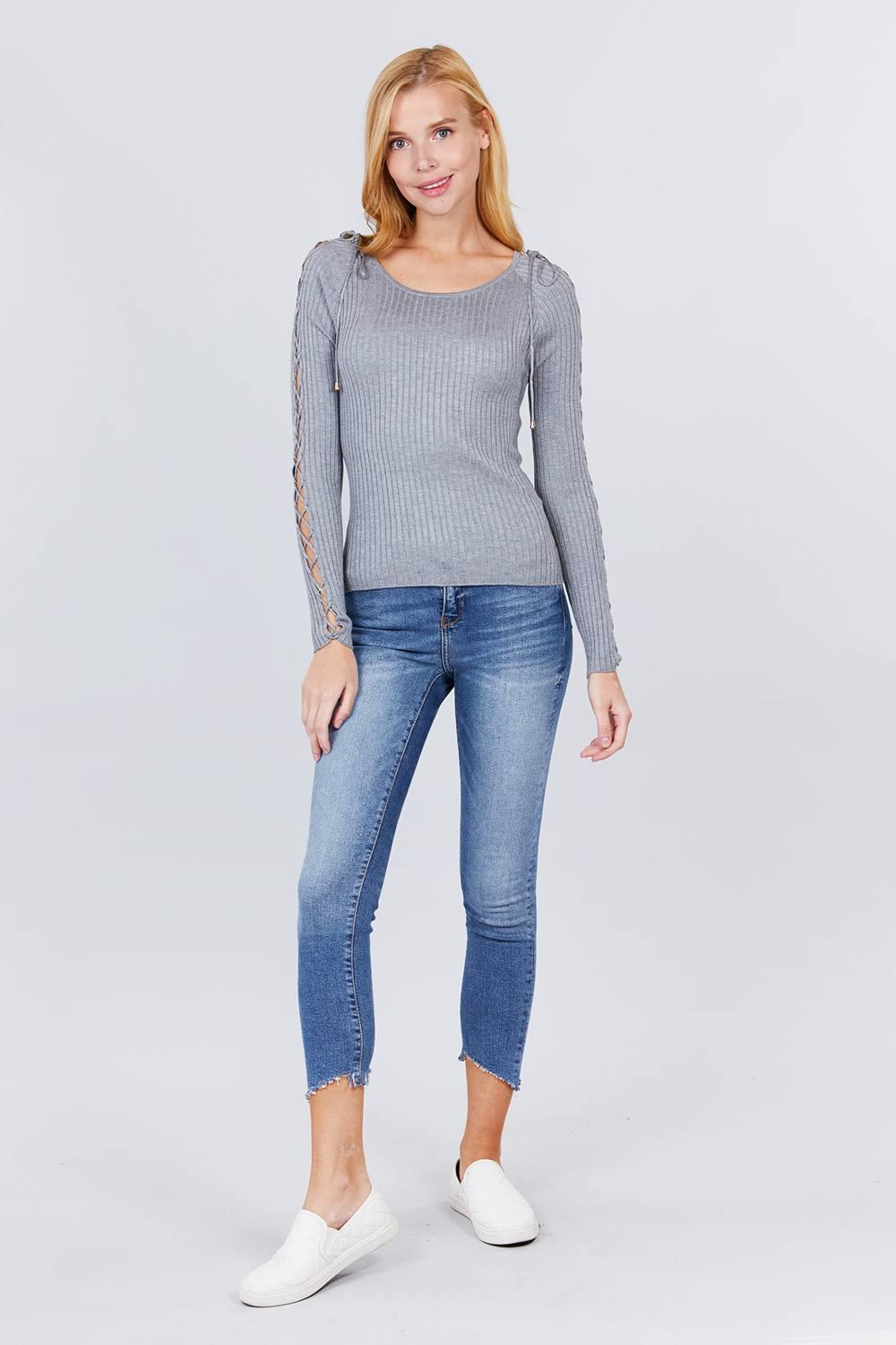 Long Sleeve W/strappy Detail Round Neck Rib Sweater Top | Mixtshop LLC