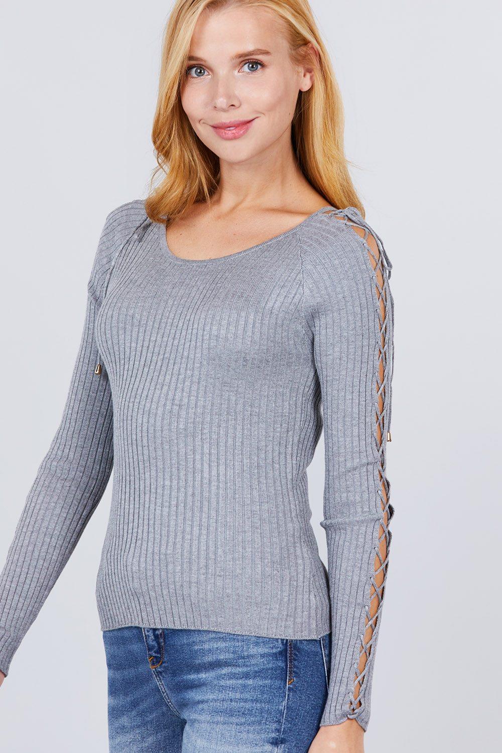 Long Sleeve W/strappy Detail Round Neck Rib Sweater Top | Mixtshop LLC