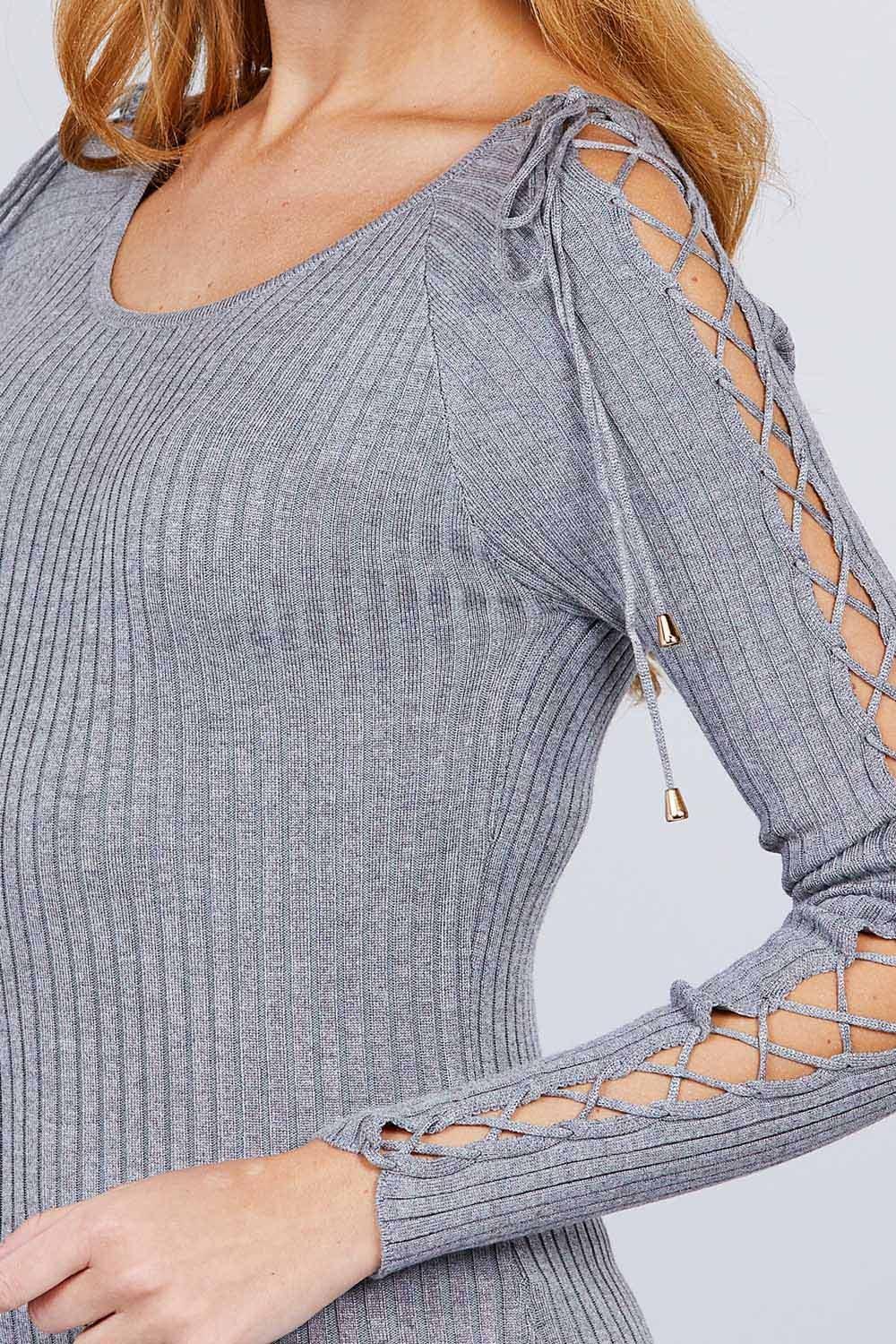 Long Sleeve W/strappy Detail Round Neck Rib Sweater Top | Mixtshop LLC