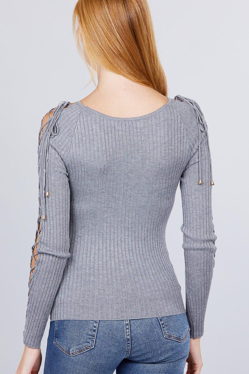 Long Sleeve W/strappy Detail Round Neck Rib Sweater Top | Mixtshop LLC