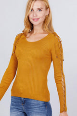 Long Sleeve W/strappy Detail Round Neck Rib Sweater Top | Mixtshop LLC