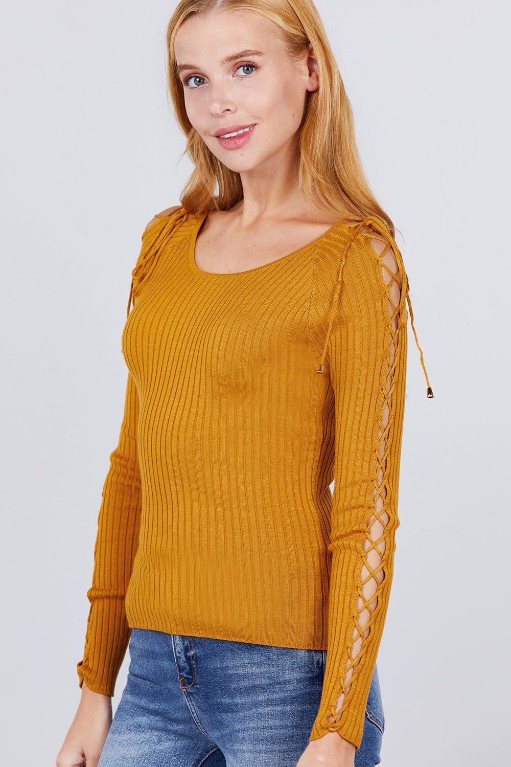 Long Sleeve W/strappy Detail Round Neck Rib Sweater Top | Mixtshop LLC