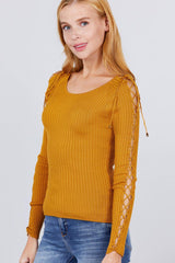 Long Sleeve W/strappy Detail Round Neck Rib Sweater Top | Mixtshop LLC