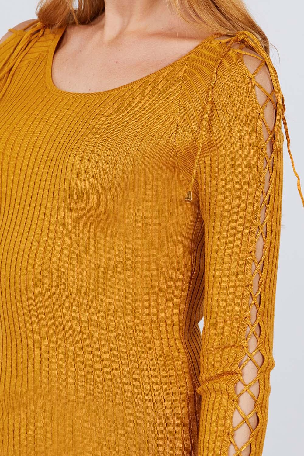 Long Sleeve W/strappy Detail Round Neck Rib Sweater Top | Mixtshop LLC