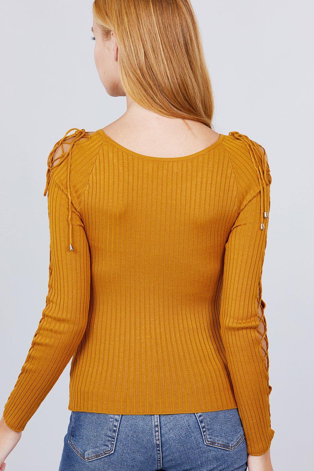Long Sleeve W/strappy Detail Round Neck Rib Sweater Top | Mixtshop LLC