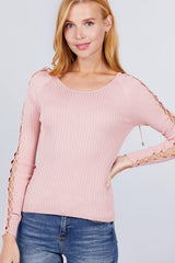 Long Sleeve W/strappy Detail Round Neck Rib Sweater Top | Mixtshop LLC