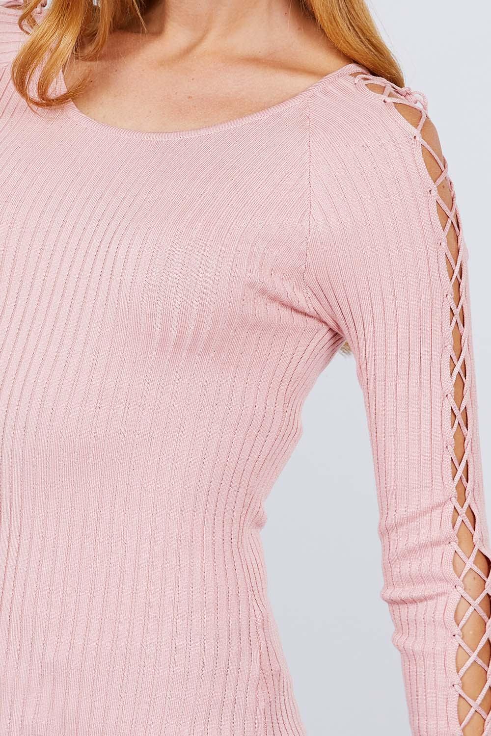Long Sleeve W/strappy Detail Round Neck Rib Sweater Top | Mixtshop LLC