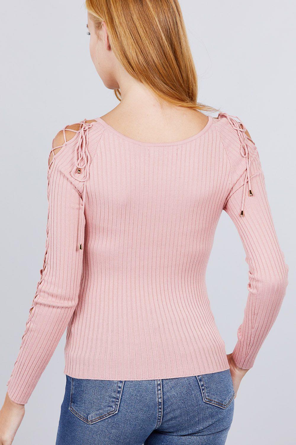 Long Sleeve W/strappy Detail Round Neck Rib Sweater Top | Mixtshop LLC