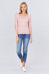 Long Sleeve W/strappy Detail Round Neck Rib Sweater Top | Mixtshop LLC