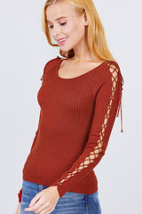 Long Sleeve W/strappy Detail Round Neck Rib Sweater Top | Mixtshop LLC