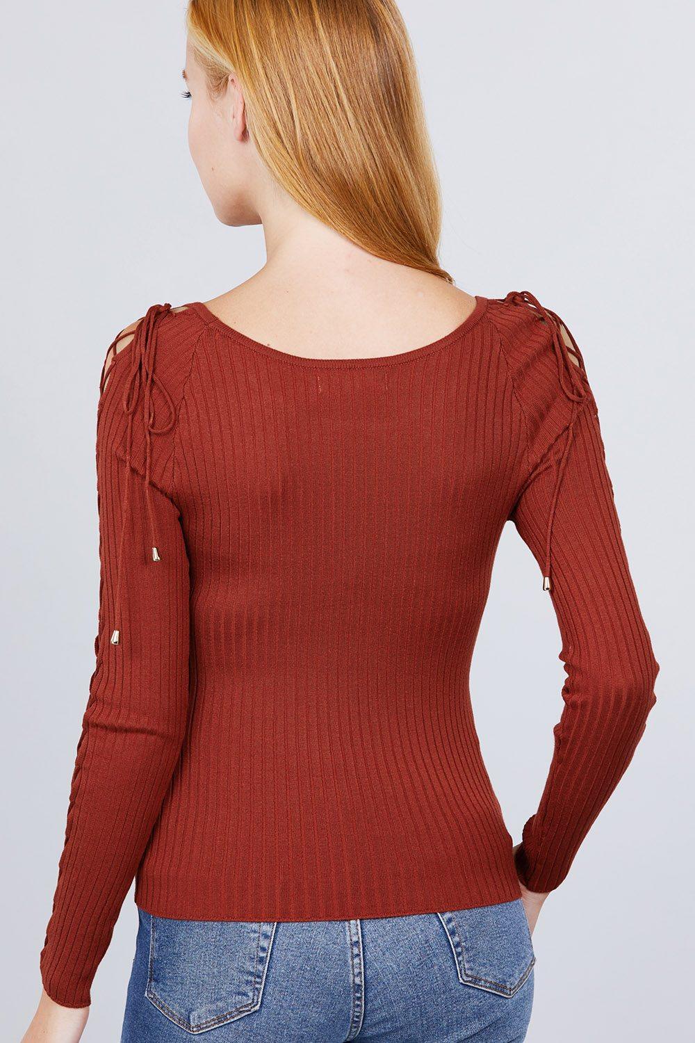 Long Sleeve W/strappy Detail Round Neck Rib Sweater Top | Mixtshop LLC