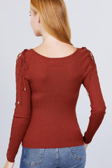 Long Sleeve W/strappy Detail Round Neck Rib Sweater Top | Mixtshop LLC