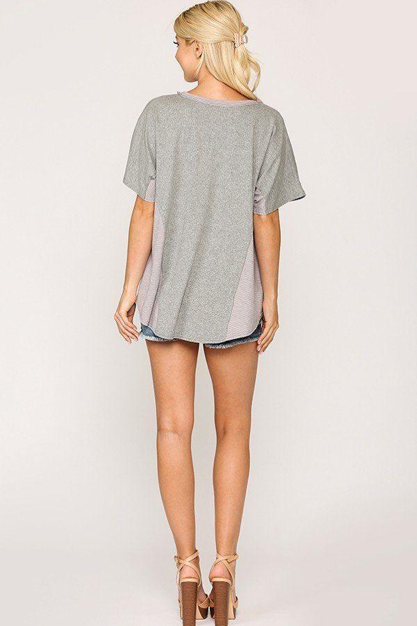 Rib Knit Mixed Dolman Sleeve Top With Round Hem | Mixtshop LLC