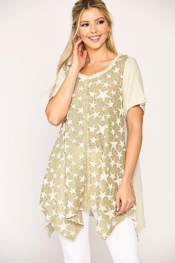 Star Textured Knit Mixed Tunic Top With Shark Bite Hem | Mixtshop LLC
