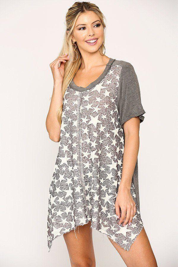 Star Textured Knit Mixed Tunic Top With Shark Bite Hem | Mixtshop LLC
