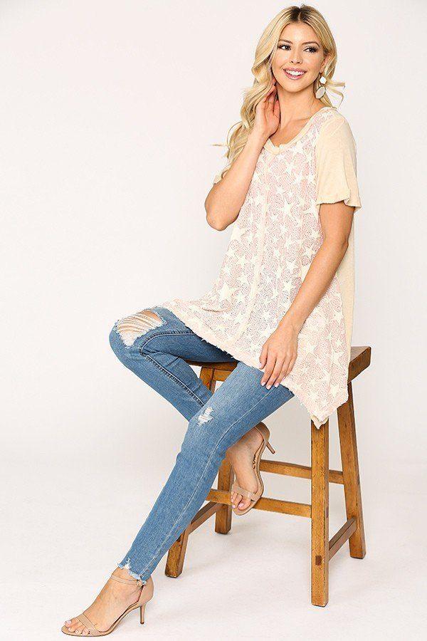 Star Textured Knit Mixed Tunic Top With Shark Bite Hem | Mixtshop LLC