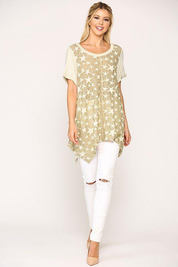 Star Textured Knit Mixed Tunic Top With Shark Bite Hem | Mixtshop LLC