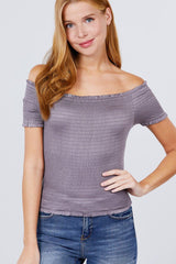 Short Sleeve Off The Shoulder Smocked Rayon Spandex Top | Mixtshop LLC