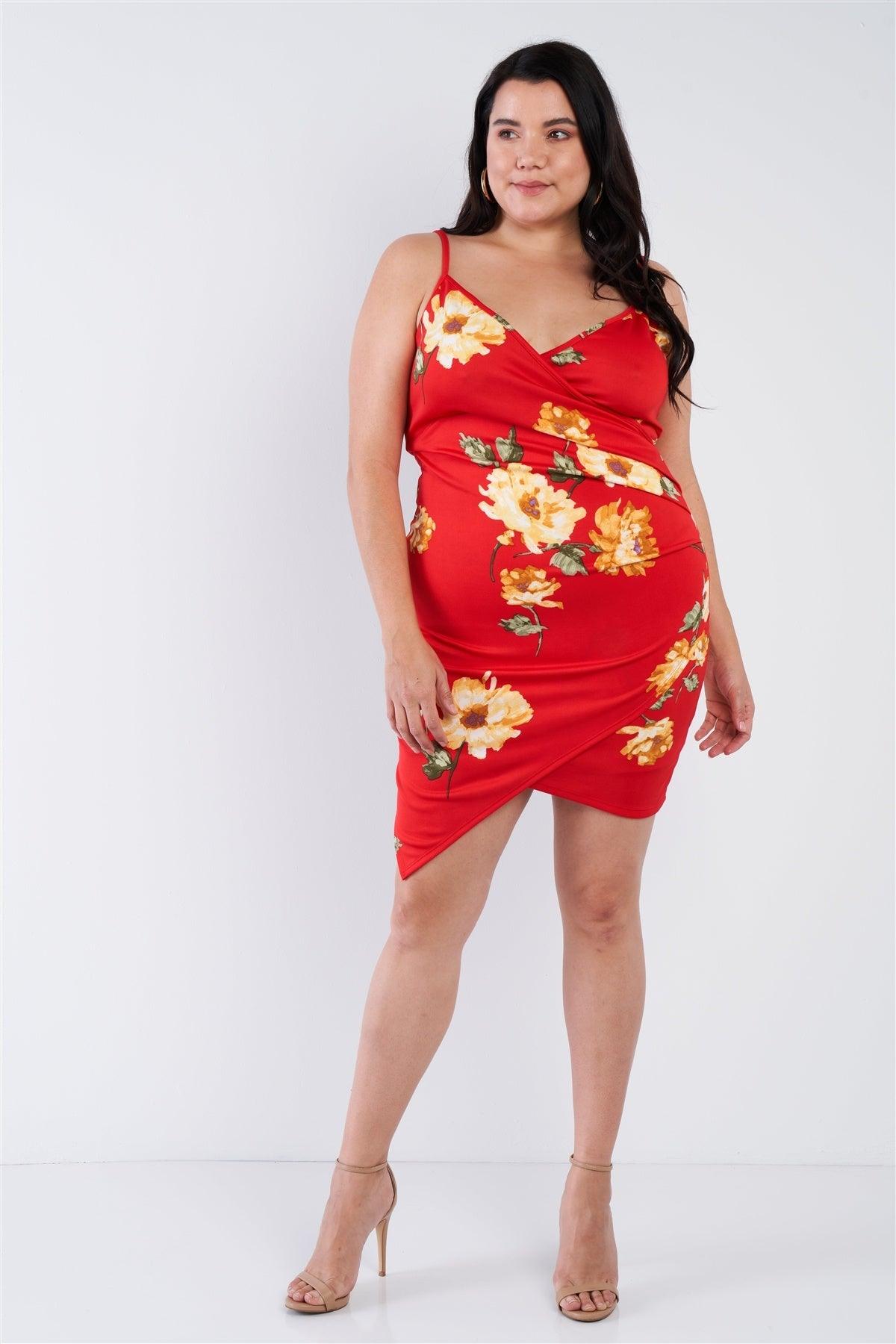 Plus Size Floral Print V-neck Cinched Size Chic Mini Dress | Mixtshop LLC