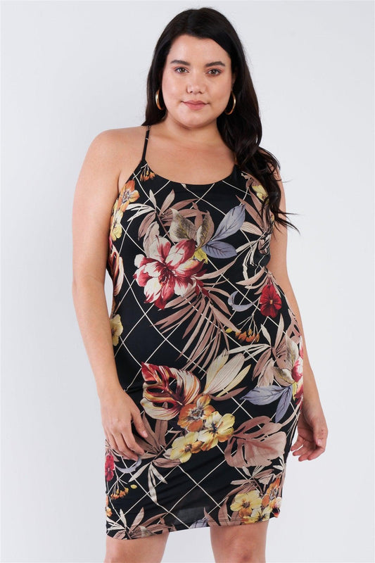Plus Size Criss-cross Open Back Mini Floral Print Dress | Mixtshop LLC