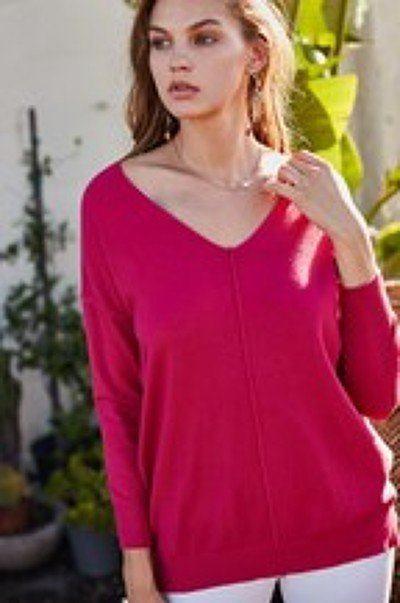 V Neck 3/4 Sleeve Side Slit Hi-lo Sweater | Mixtshop LLC