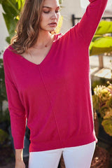 V Neck 3/4 Sleeve Side Slit Hi-lo Sweater | Mixtshop LLC
