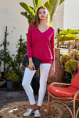 V Neck 3/4 Sleeve Side Slit Hi-lo Sweater | Mixtshop LLC