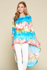 Tie-dye Venechia High Low Fashion Top With 3/4 Sleeves | Mixtshop LLC
